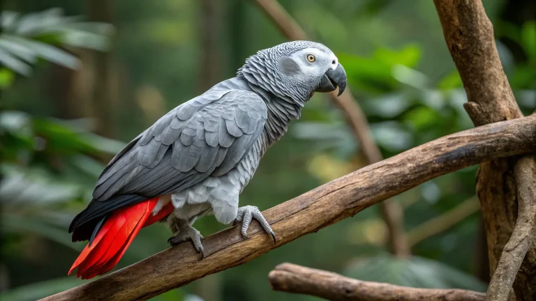 Close-up of an African Grey Parrot perched, showcasing its vibrant feathers and intelligent expression, highlighting the hidden costs of ownership and the African Grey Parrot price.