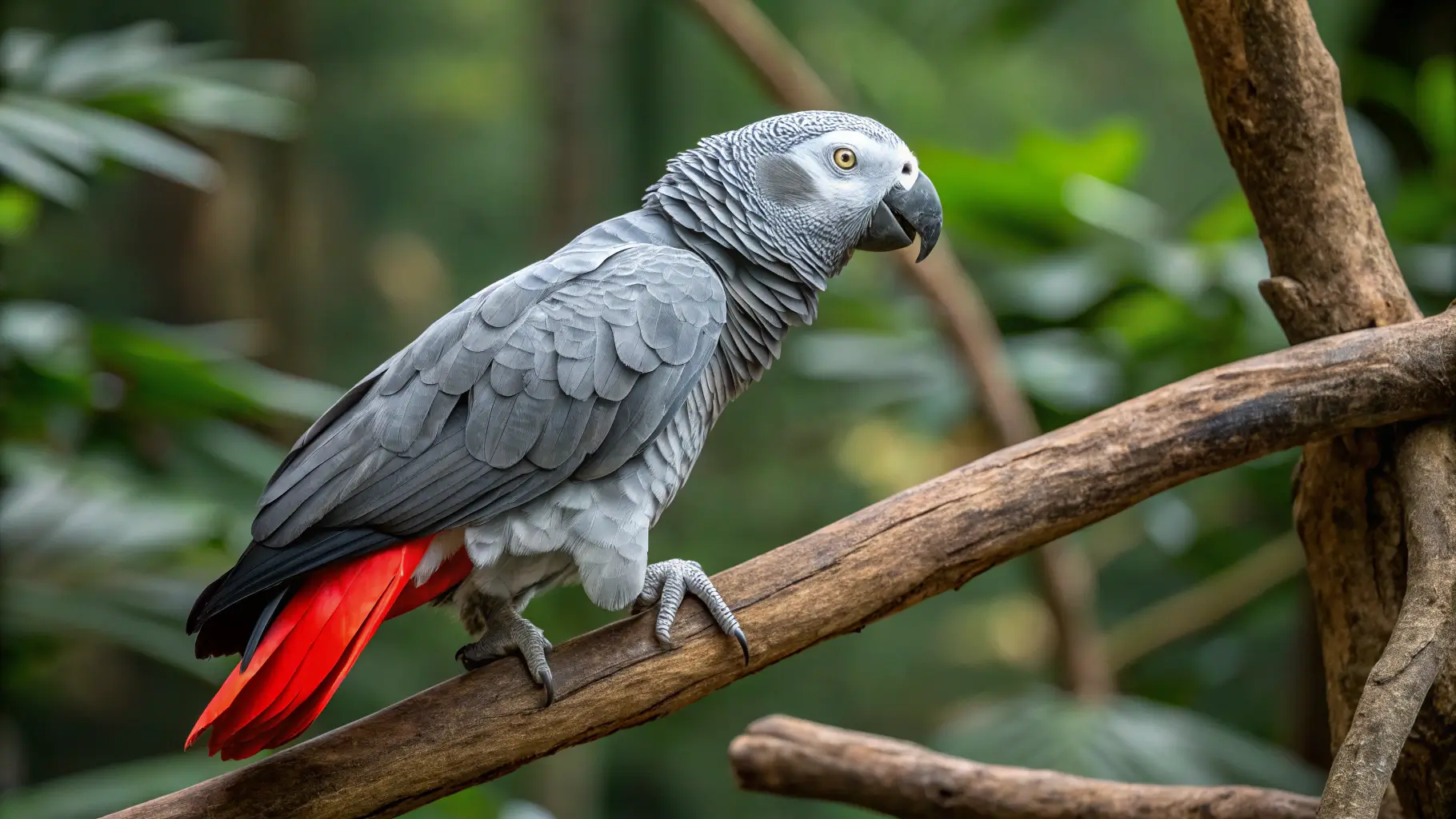 Close-up of an African Grey Parrot perched, showcasing its vibrant feathers and intelligent expression, highlighting the hidden costs of ownership and the African Grey Parrot price.